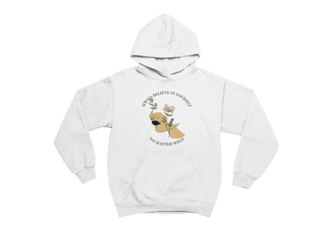 White hoodie with a graphic design and text on a white background
