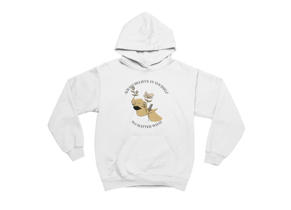White hoodie with a graphic design and text on a white background