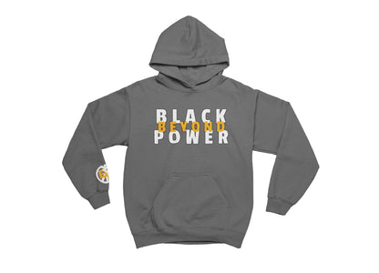 charcoal hoodie with 'Black Beyond Power' text on a white background