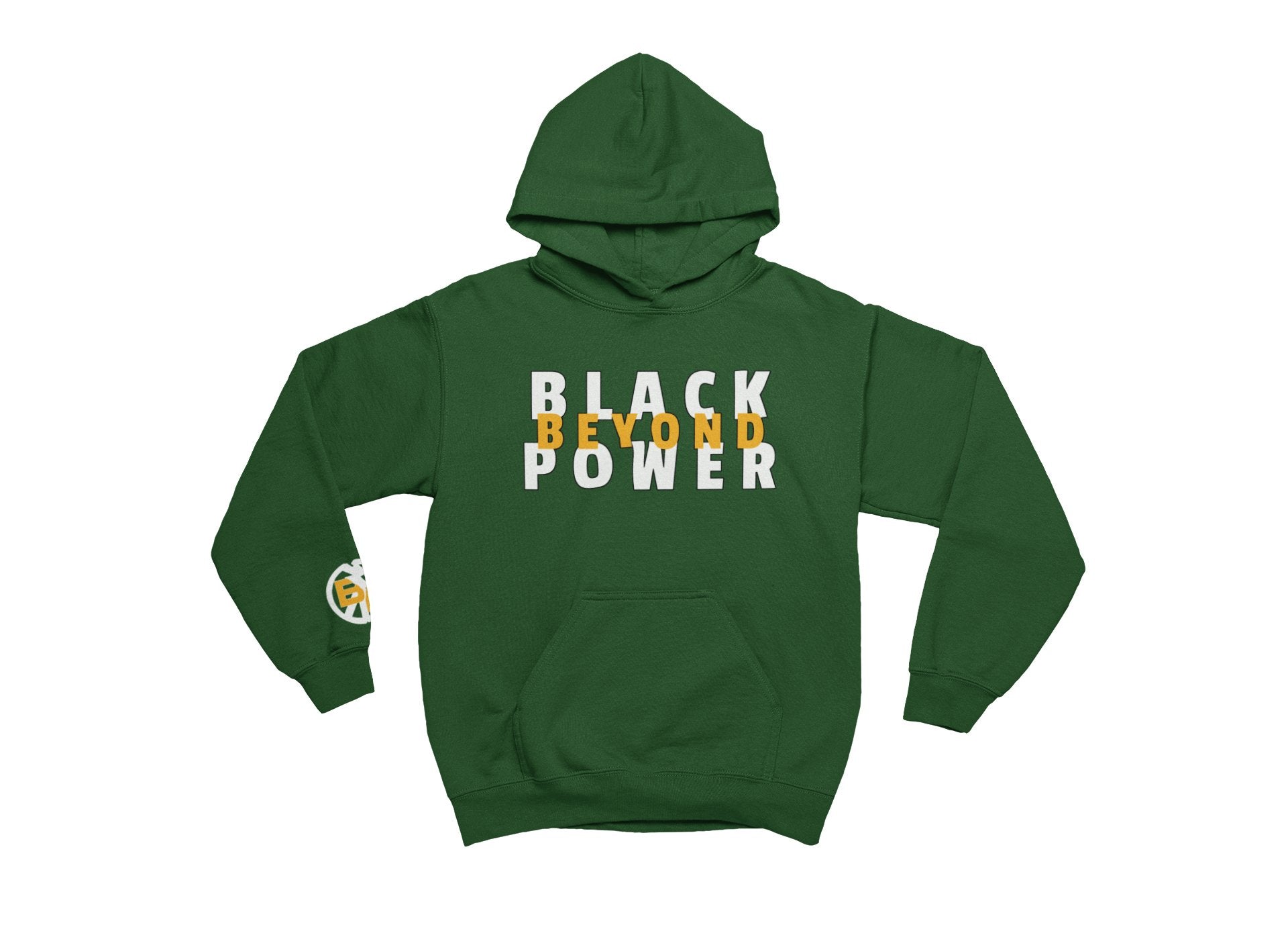 Green hoodie with 'Black Beyond Power' text on a white background