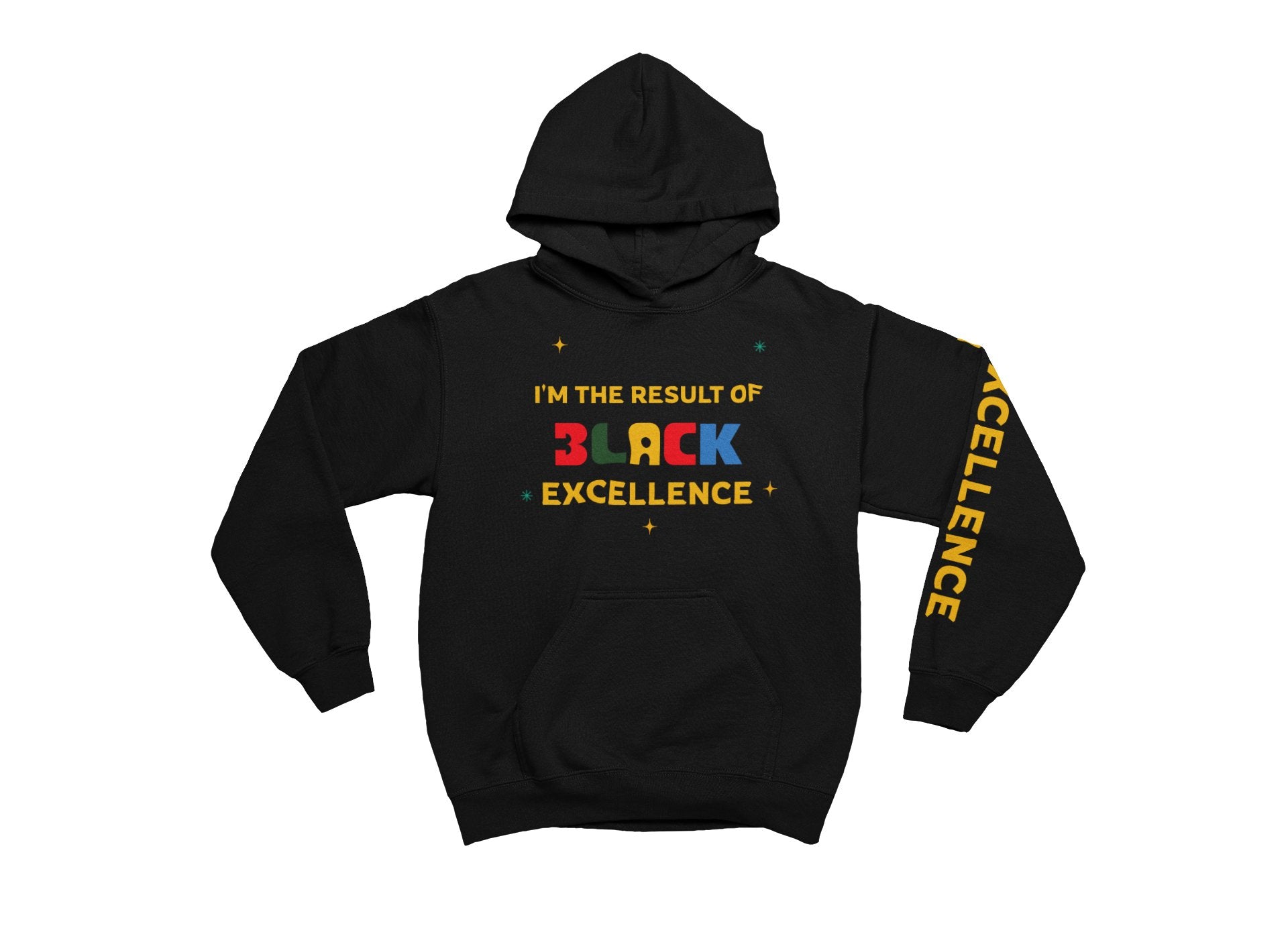 Black hoodie with colorful text on a white background
