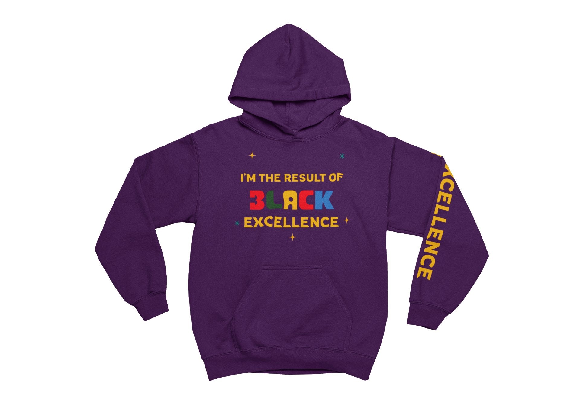 Purple hoodie with colorful text on a white background