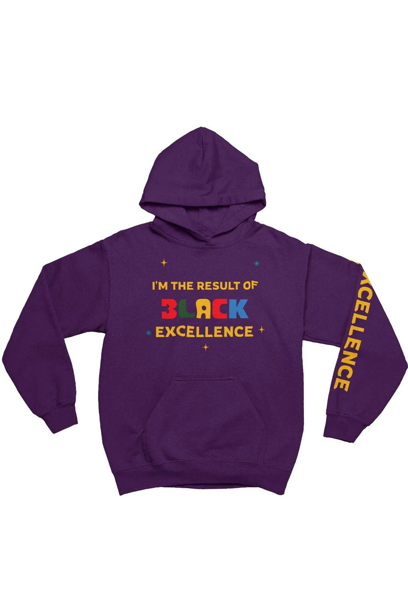 Purple hoodie with colorful text on a white background