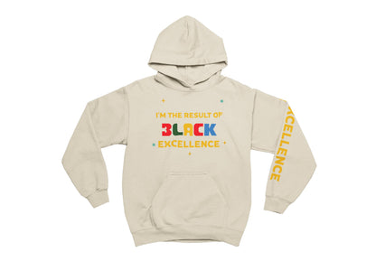 Sand hoodie with colorful text on a white background