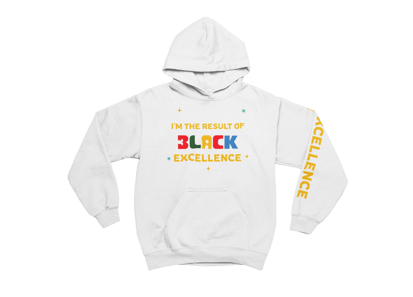 White hoodie with colorful text on a white background