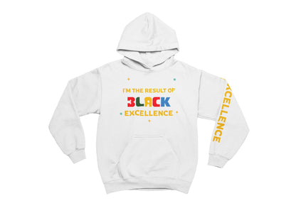 White hoodie with colorful text on a white background