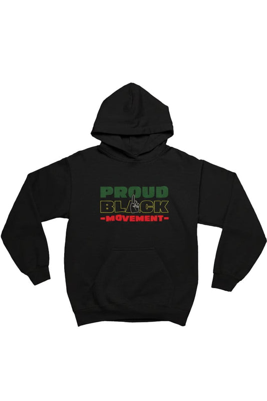 Black hoodie with 'Proud Black Movement' text on a white background