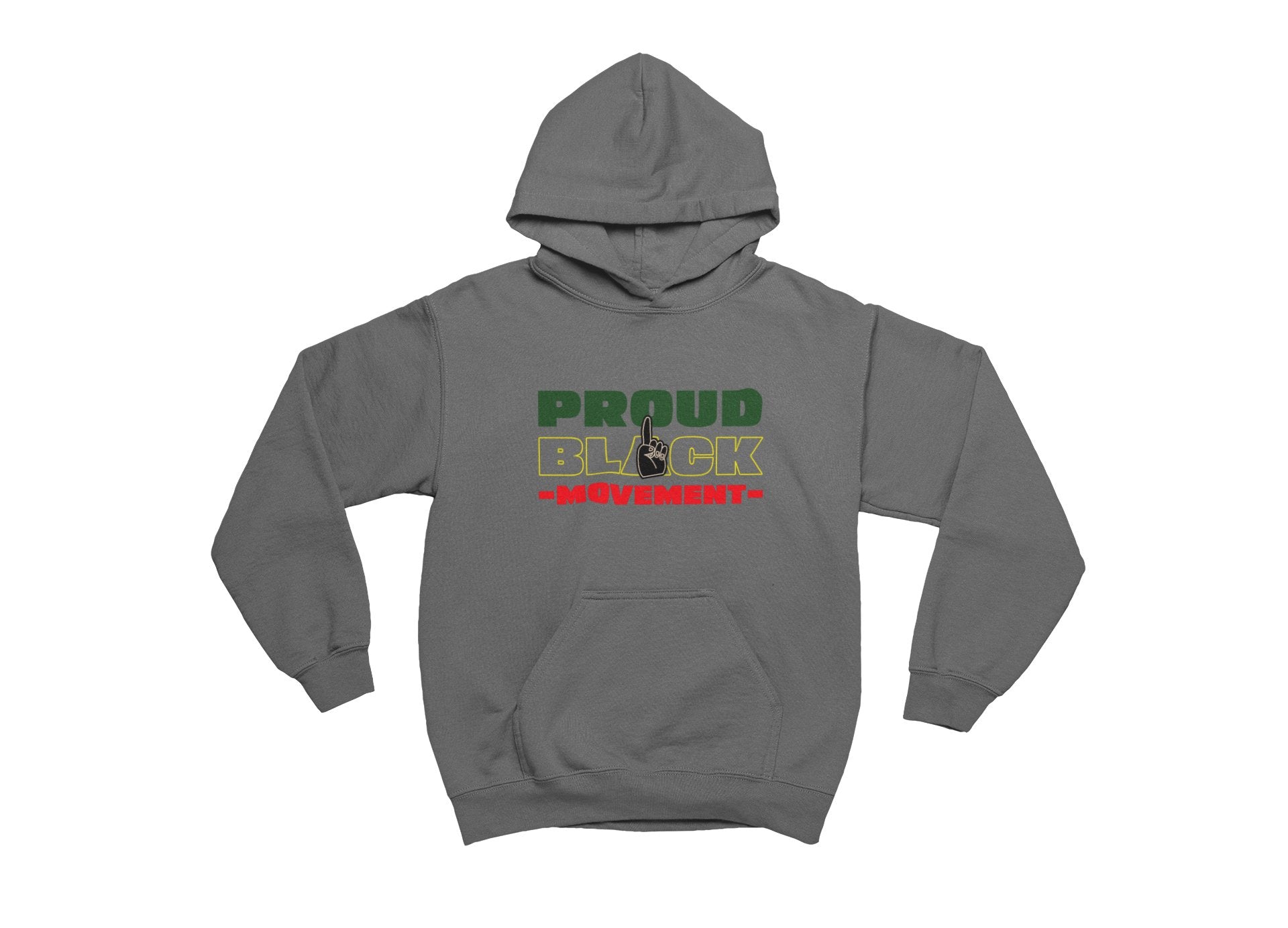 Charcoal hoodie with 'Proud Black' text in green and red on a white background