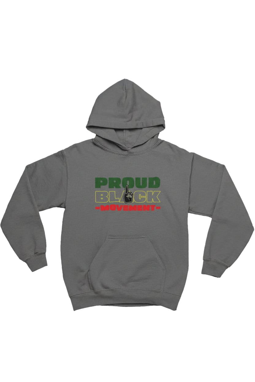 Gray hoodie with 'Proud Black Movement' text on a white background