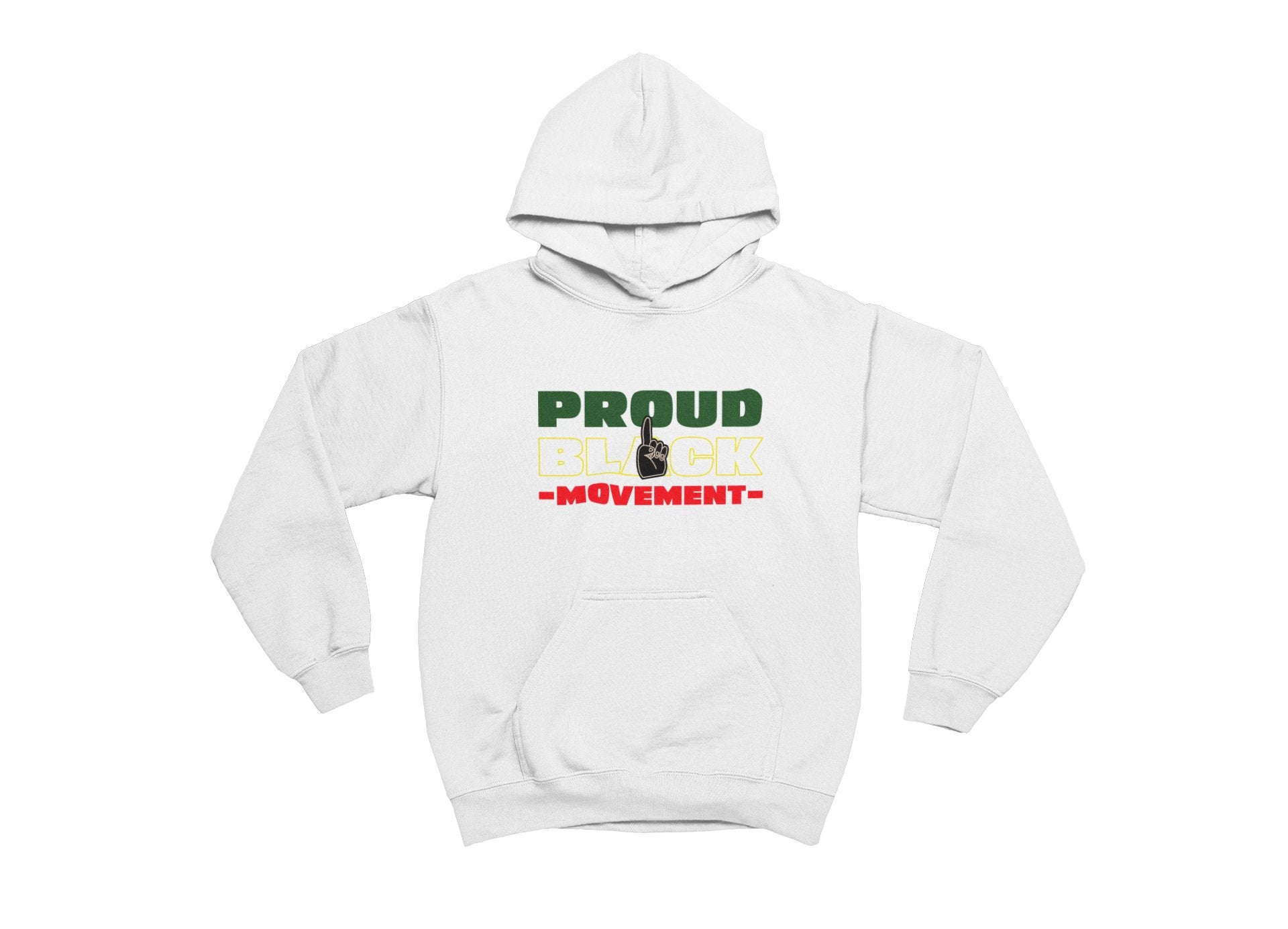 White hoodie with 'Proud Black Movement' text on a white background