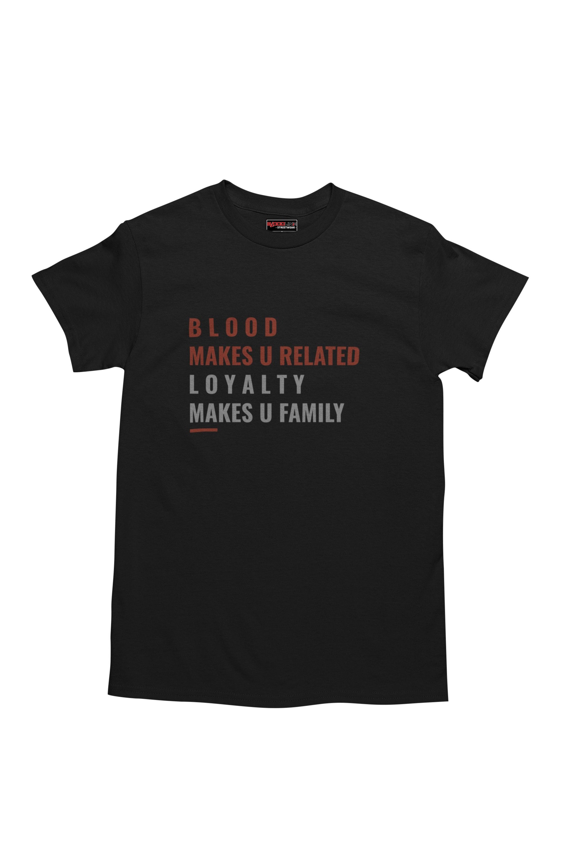 Black t-shirt with red and white text on a white background