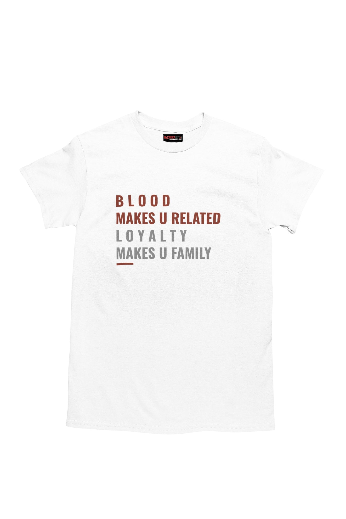White t-shirt with text design on a white background