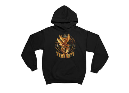 Black hoodie with gold and red graphic design on a white background