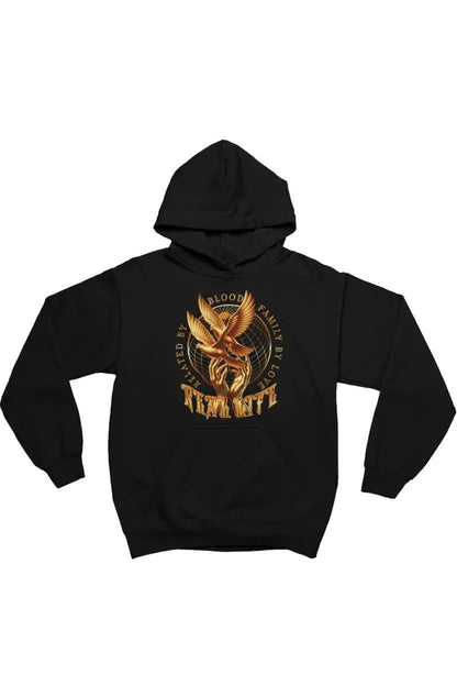 Black hoodie with gold eagle design on a white background