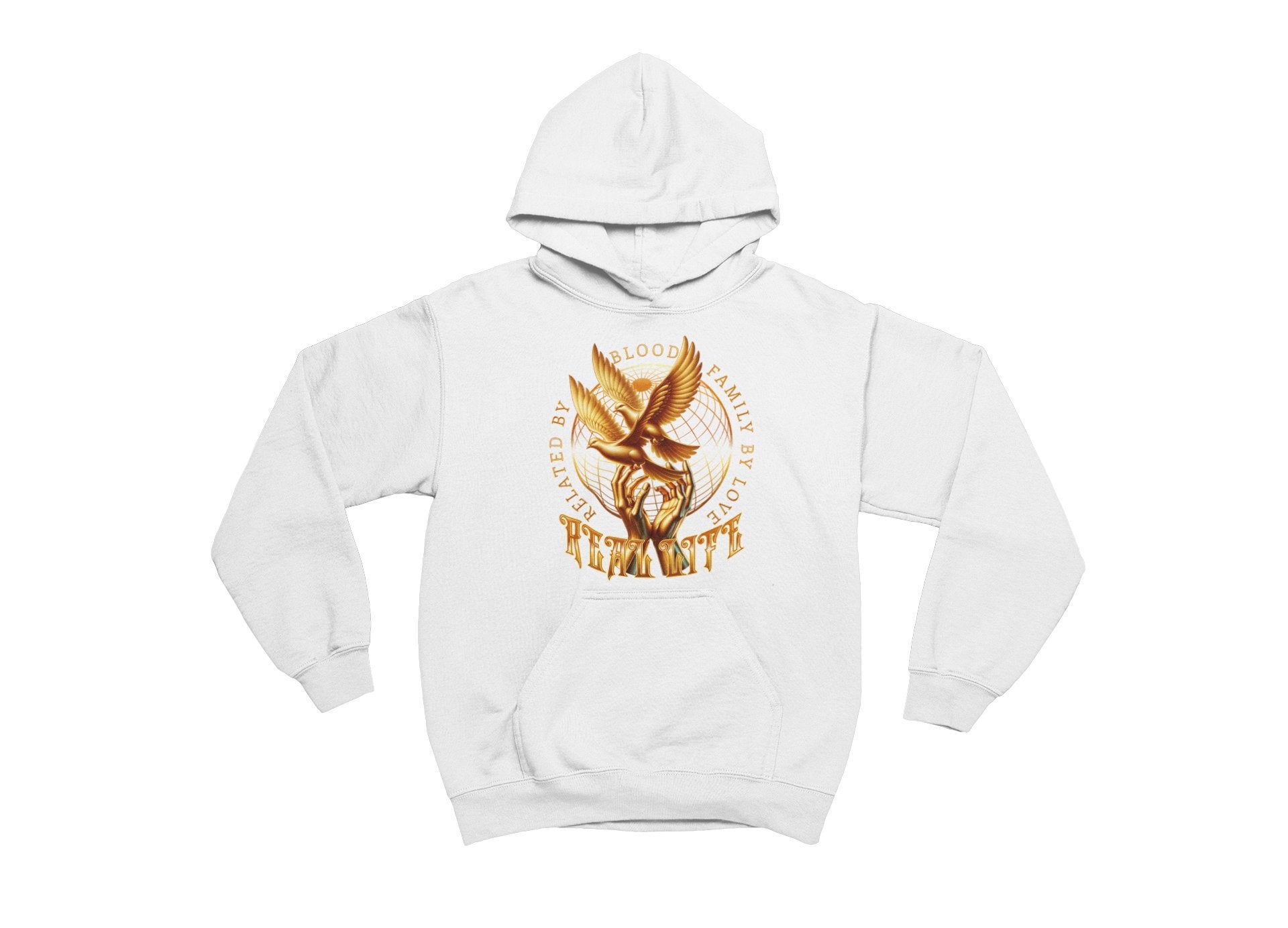 White hoodie with a gold and red graphic design on a white background