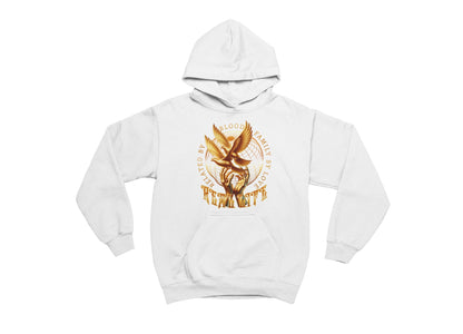 White hoodie with a gold and red graphic design on a white background