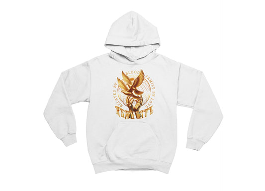 White hoodie with a gold and red graphic design on a white background