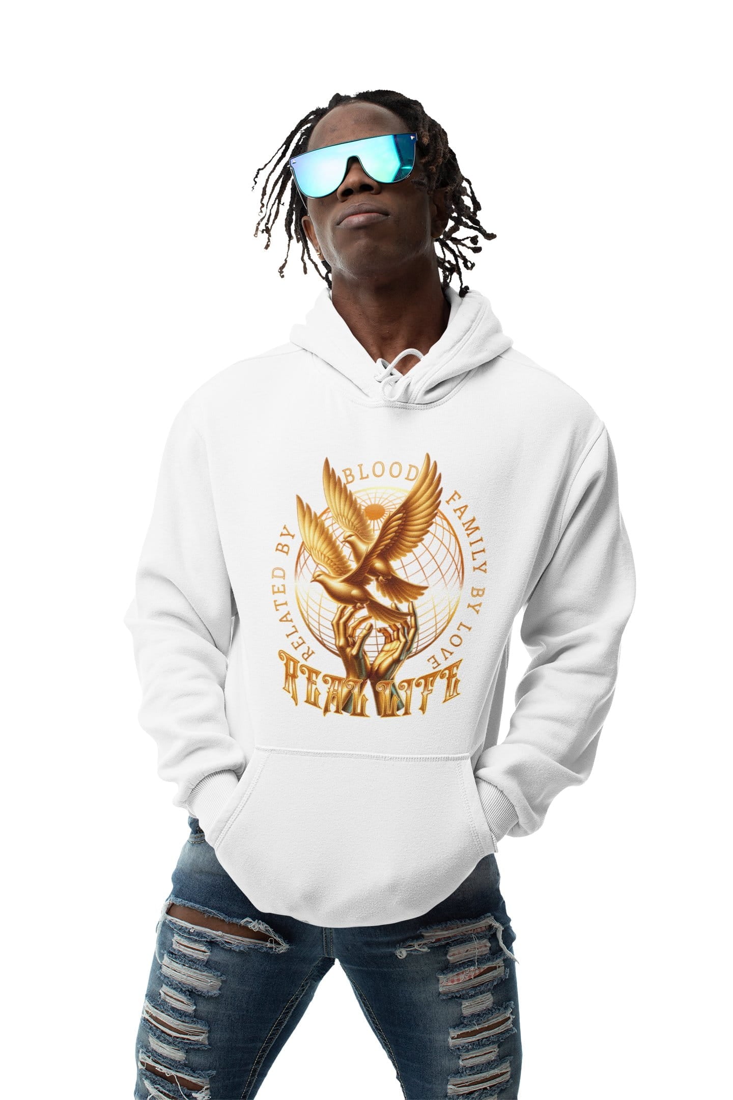 Person wearing a white hoodie with a graphic design on a white background