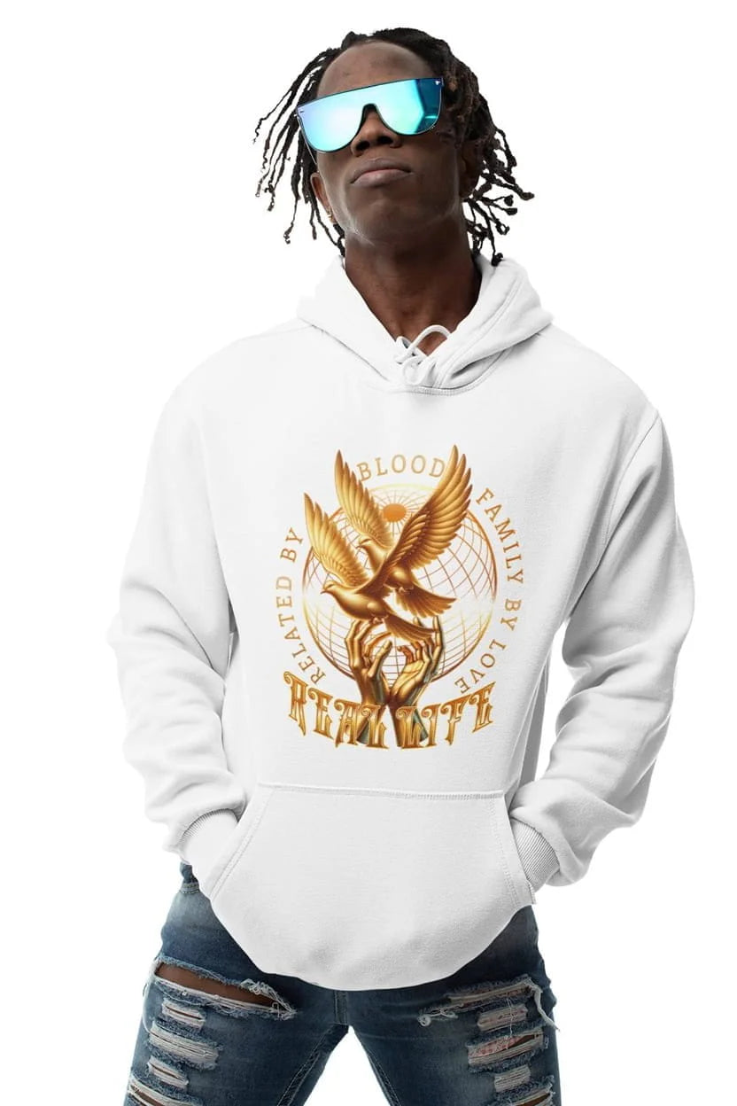 Person wearing a white hoodie with a gold eagle design on a white background
