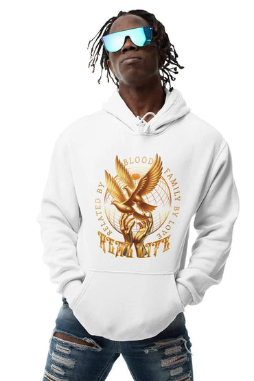 Person wearing a white hoodie with a gold eagle design on a white background