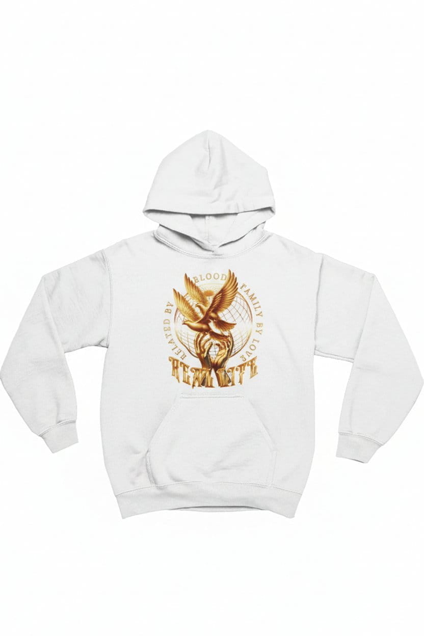 White hoodie with gold eagle design on a white background