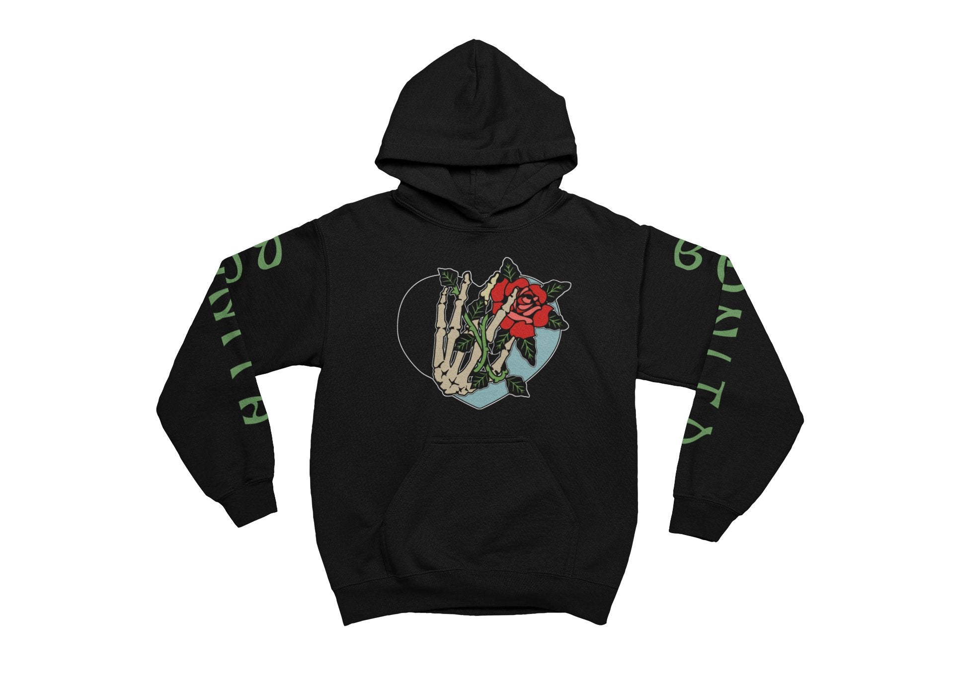 Black hoodie with a graphic design on a white background