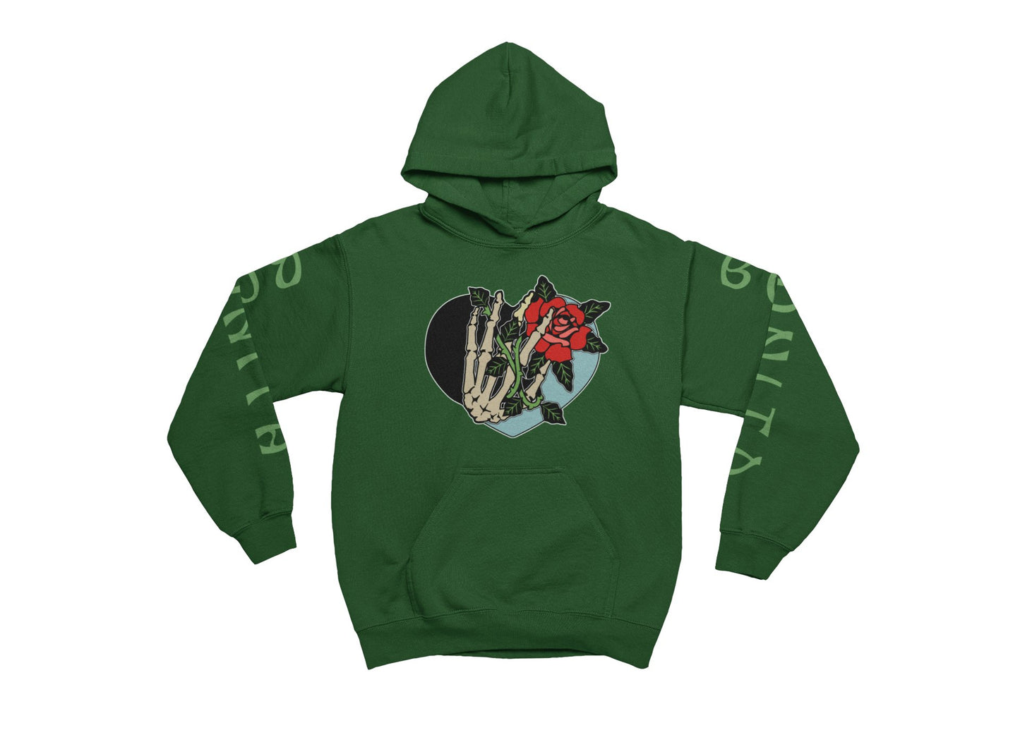 Forest green hoodie with a graphic design on a white background