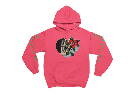 Heliconia hoodie with graphic design on a white background