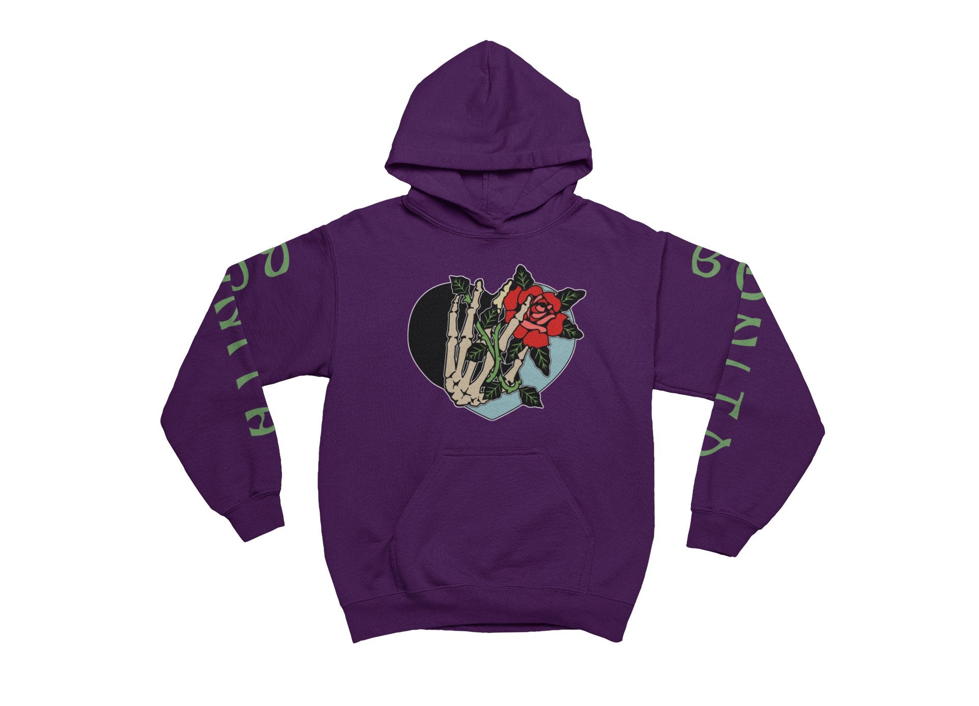 Purple hoodie with a graphic design on a white background