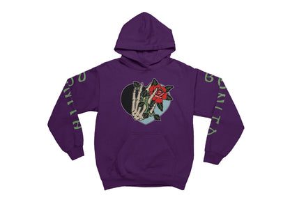 Purple hoodie with a graphic design on a white background