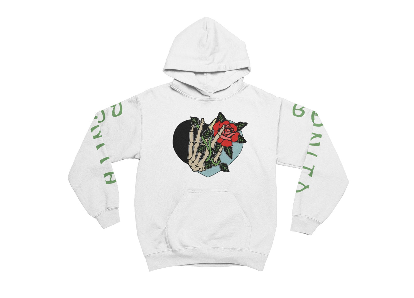 White hoodie with graphic design on a white background