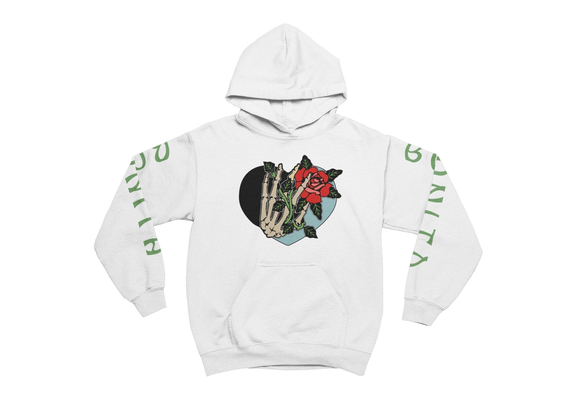White hoodie with graphic design on a white background