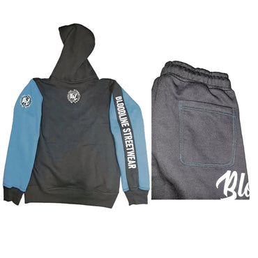 Black hoodie with blue sleeves and gray pants on a white background