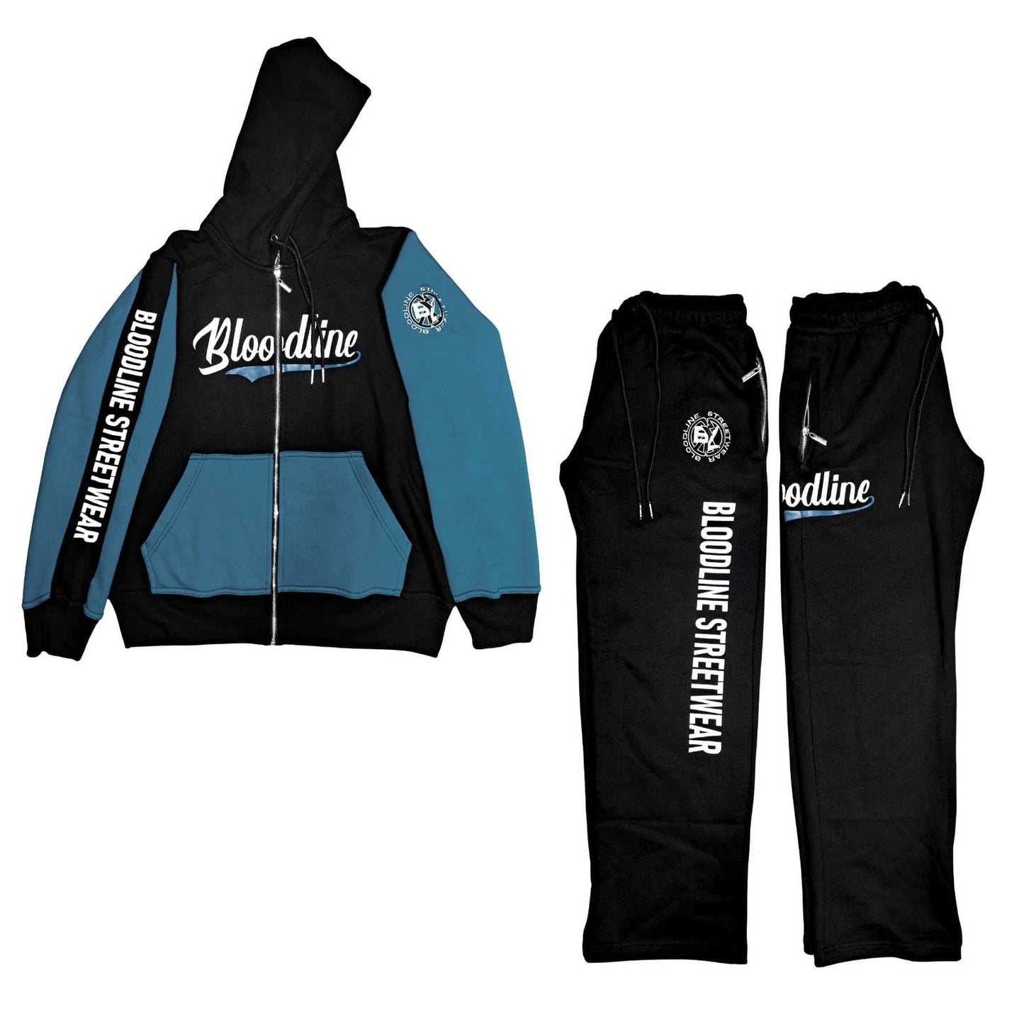 Black and blue hoodie with matching pants from Bloodline Streetwear on a white background