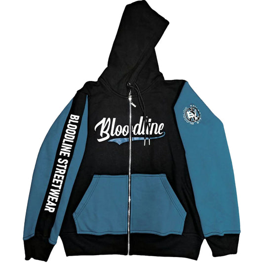 Black and blue hoodie with 'Bloodline' branding on a white background