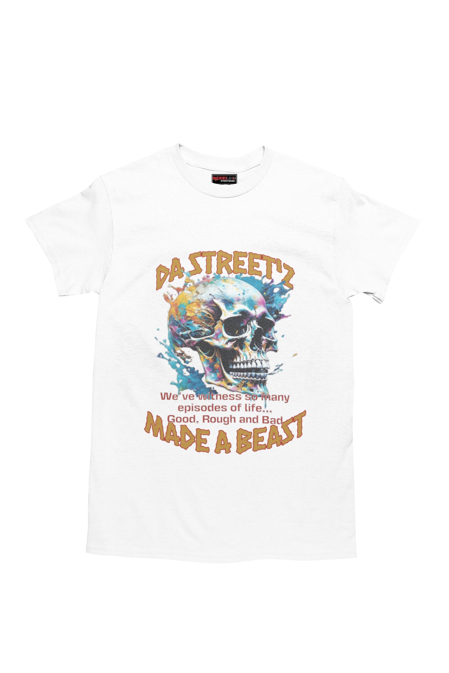 White t-shirt with colorful graphic and text on a white background