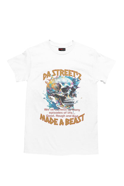 White t-shirt with colorful graphic and text on a white background