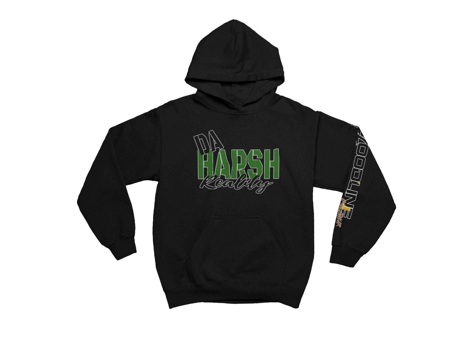 Black hoodie with green and yellow text on a white background