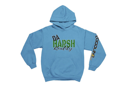 Carolina blue hoodie with text and branding on a white background