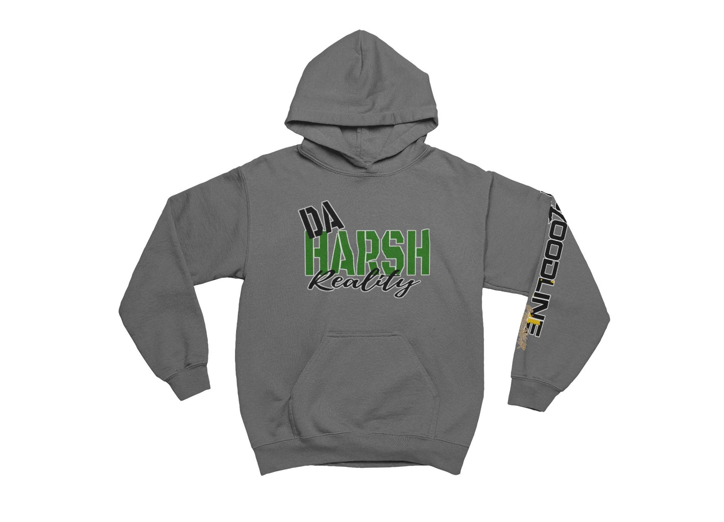 charcoal hoodie with text and branding on a white background