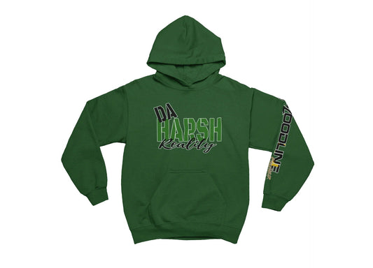 Forest Green hoodie with text on a white background