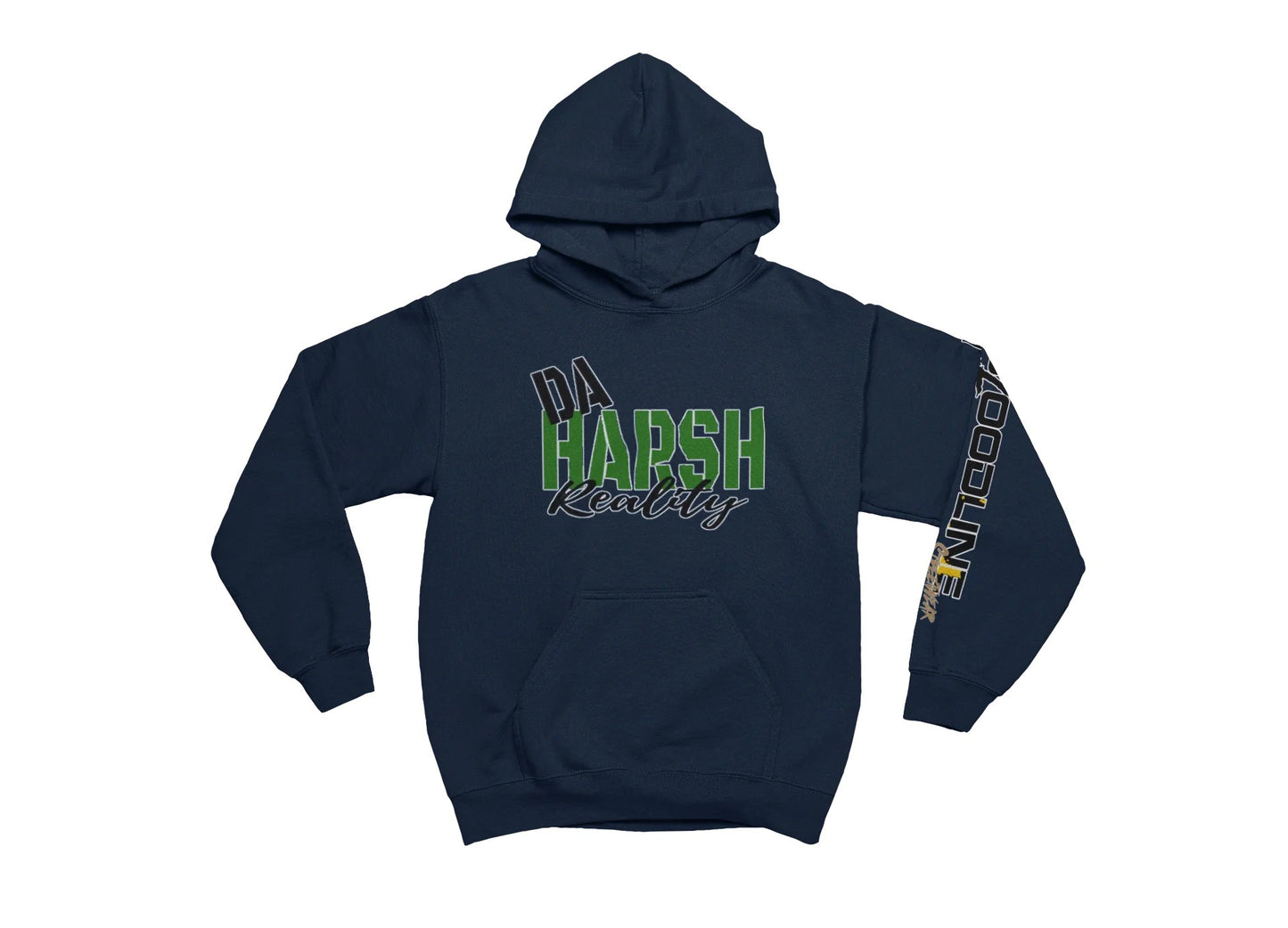Navy blue hoodie with green and yellow text on a white background