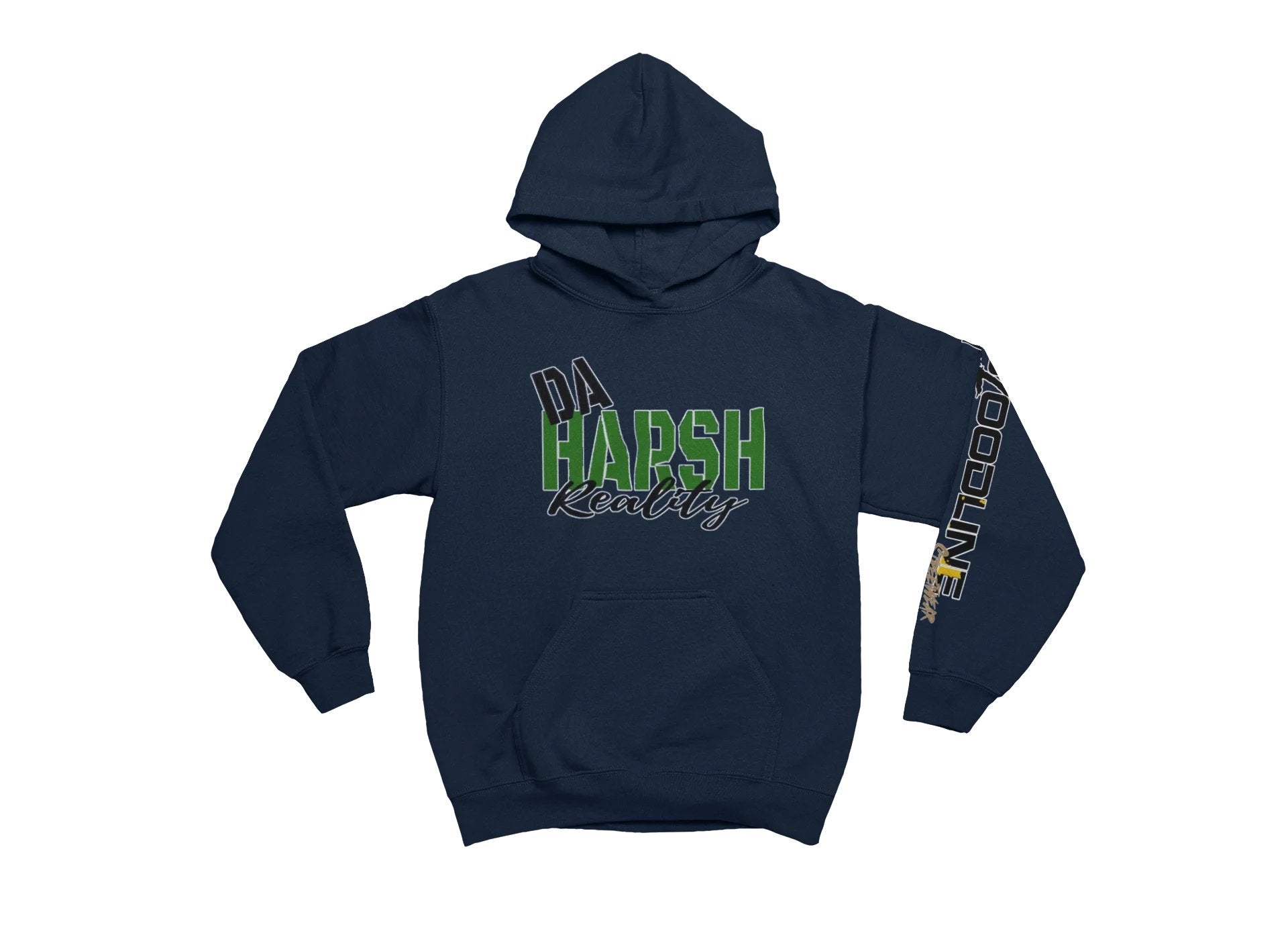 Navy blue hoodie with green and yellow text on a white background