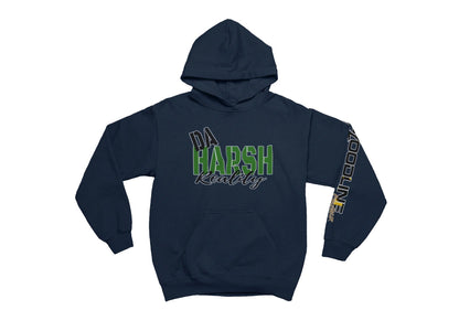 Navy blue hoodie with green and yellow text on a white background