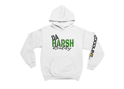 White hoodie with text and branding on a white background
