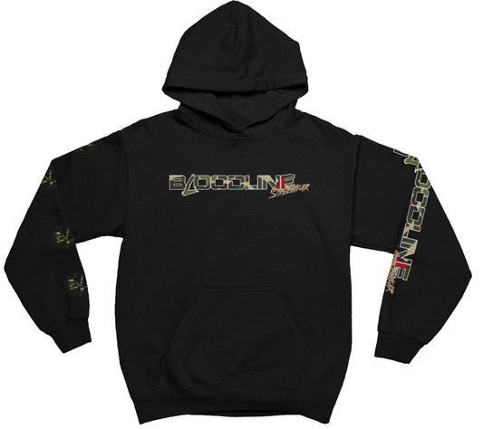 Black hoodie with a brand logo on a white background