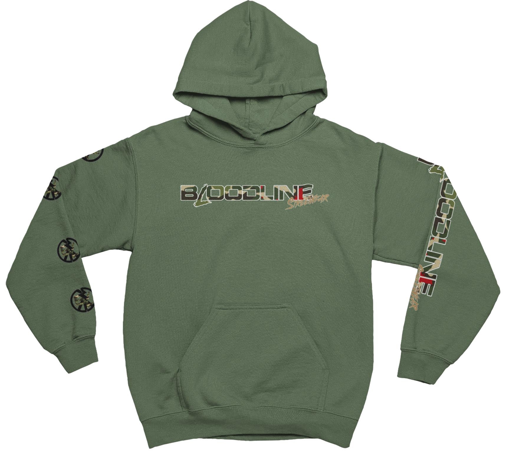 Military green hoodie with branding on a white background