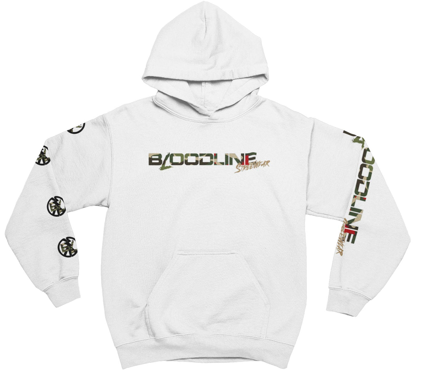 White hoodie with 'Bloodline' branding on a white background