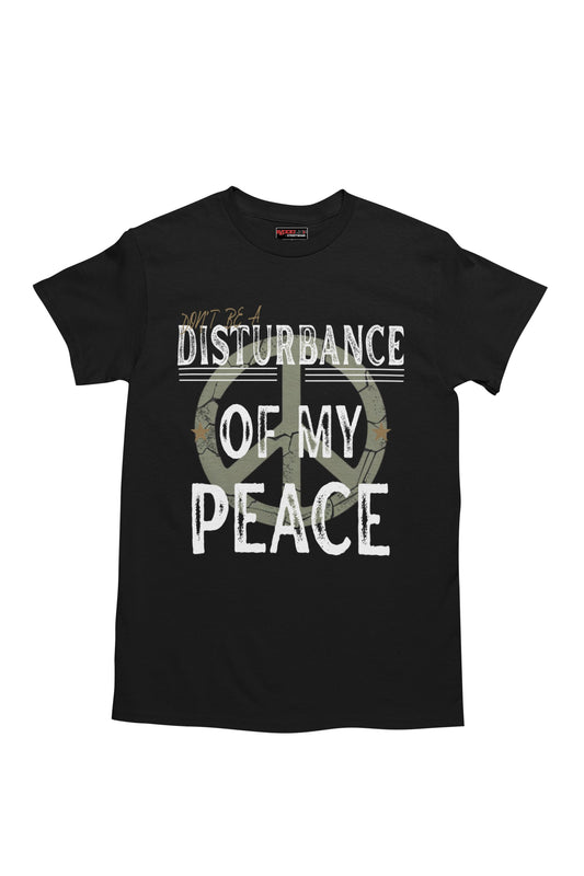 Black t-shirt with peace symbol and text on a white background