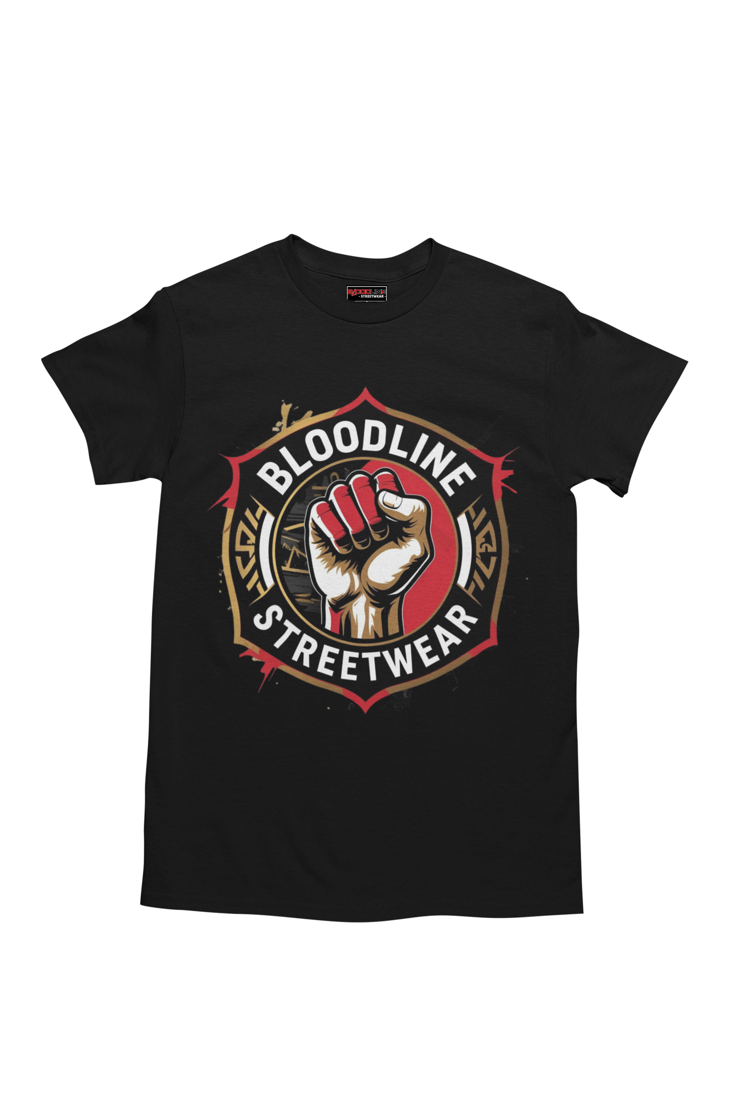 Black t-shirt with a fist graphic and 'Bloodline Streetwear' text on a white background